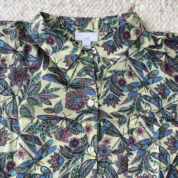 J. Jill One Pocket Shirred Back Button Up Shirt Key Lime Whimsical Dragonflies M - Picture 3 of 9